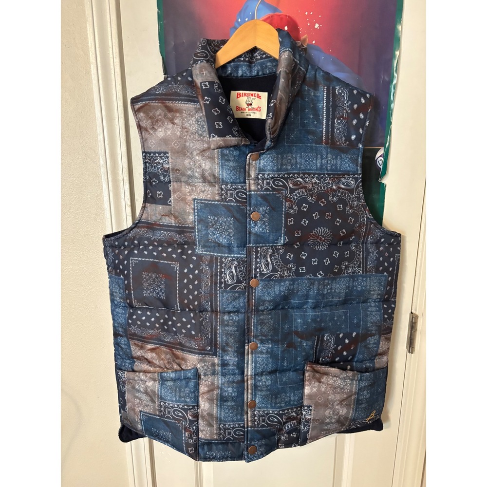 Birdwell Beach Britches XXL Bandana Patchwork Puffer Vest Blue Brown Made in USA